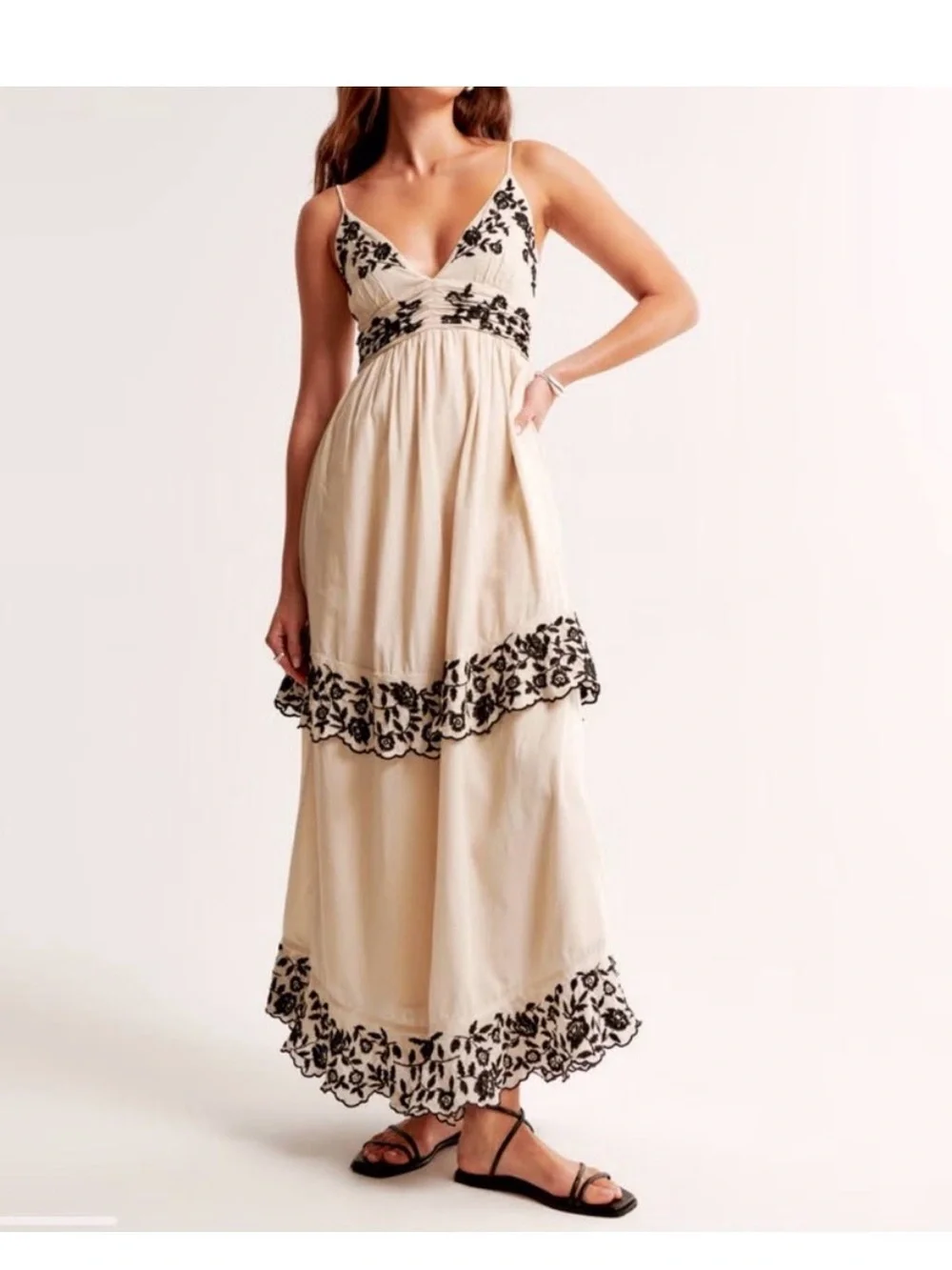 Abercrombie & Fitch Cream Maxi Dress with Black Embroidery